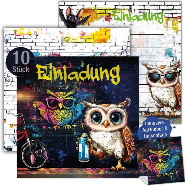 TOBJA Einladungskarten 10 Einladungskarten Eule inkl Umschläge und Sticker, Kindergeburtstag Junge Geburtstag Einladung Kinder