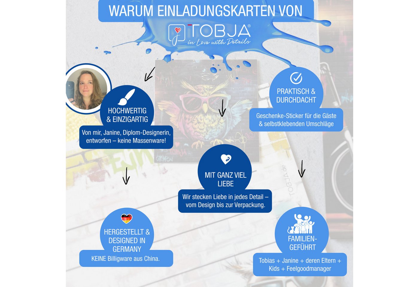 TOBJA Einladungskarten 10 Einladungskarten Eule inkl Umschläge und Sticker, Kindergeburtstag Junge Geburtstag Einladung Kinder – Bild 2 von 5