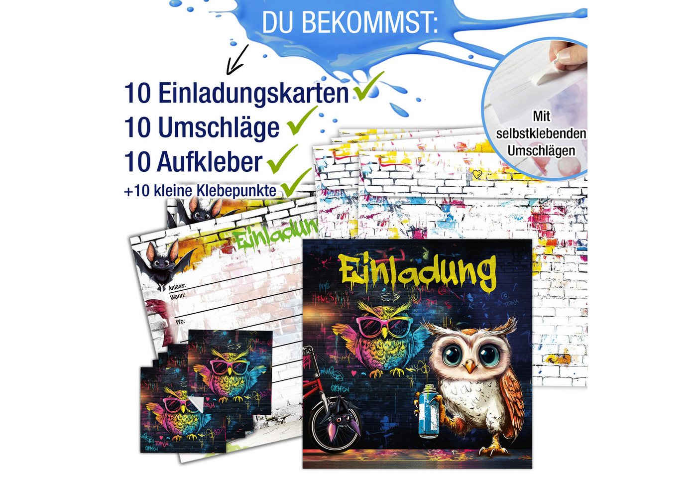 TOBJA Einladungskarten 10 Einladungskarten Eule inkl Umschläge und Sticker, Kindergeburtstag Junge Geburtstag Einladung Kinder – Bild 3 von 5