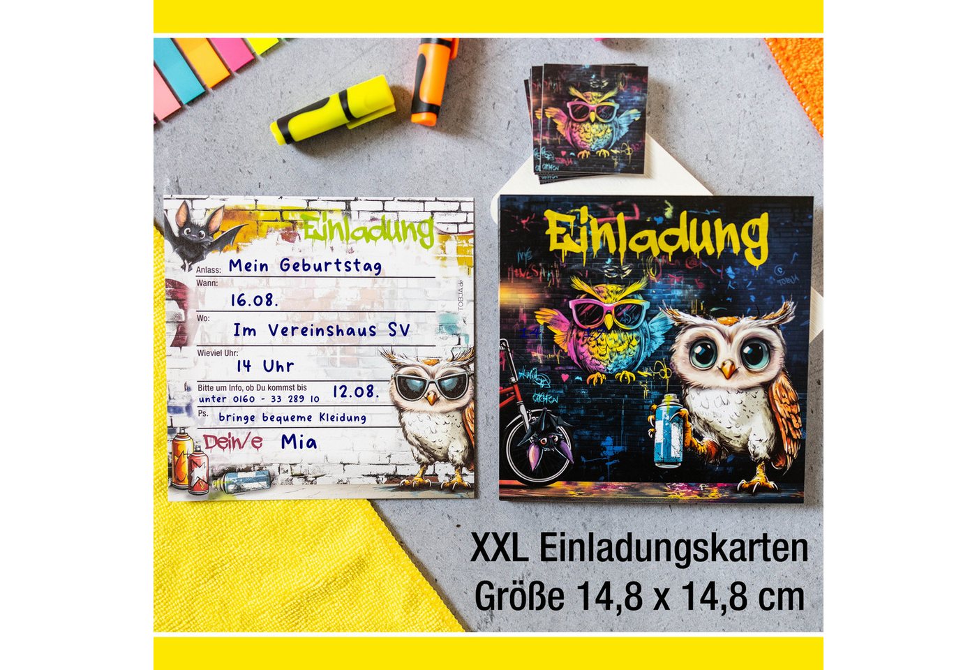 TOBJA Einladungskarten 10 Einladungskarten Eule inkl Umschläge und Sticker, Kindergeburtstag Junge Geburtstag Einladung Kinder – Bild 5 von 5