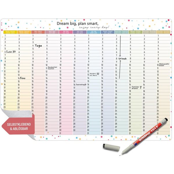 TOBJA ewige Kalender Jahresplaner immerwährend selbstklebend abwischbar A3 inkl. Stift, selbstklebend & ablösbar, abwischbar, immerwährend, inkl. Stift