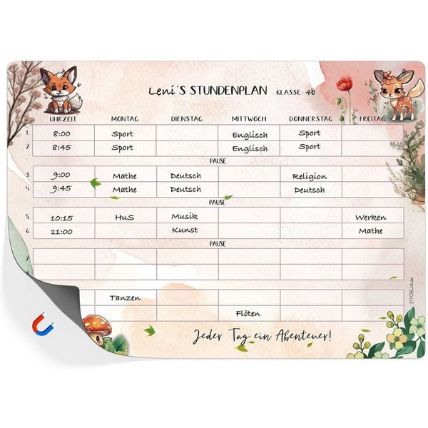 TOBJA Magnettafel Stundenplan A4 Waldtiere "Magnetfolie" wiederbeschreibbar, (Packung), Magnet