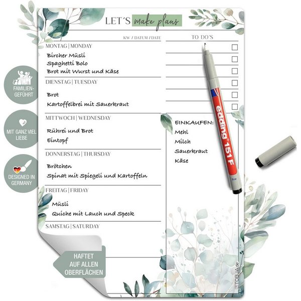 TOBJA Memoboard Menüplaner Woche, abwischbarer Wochenplaner inkl. Markenstift, Wiederverwendbarer Meal Planner für Familie & Küche