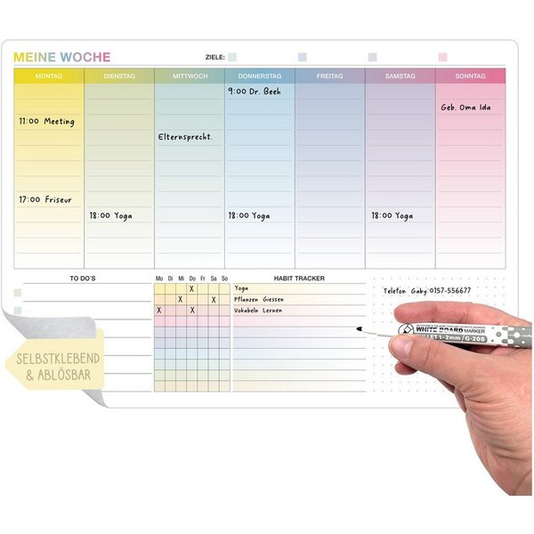 TOBJA Terminplaner Whiteboard Wochenplaner abwischbar A4 – Selbstklebend inkl. Stift, Kalender mit To-Do Liste & Habit Tracker