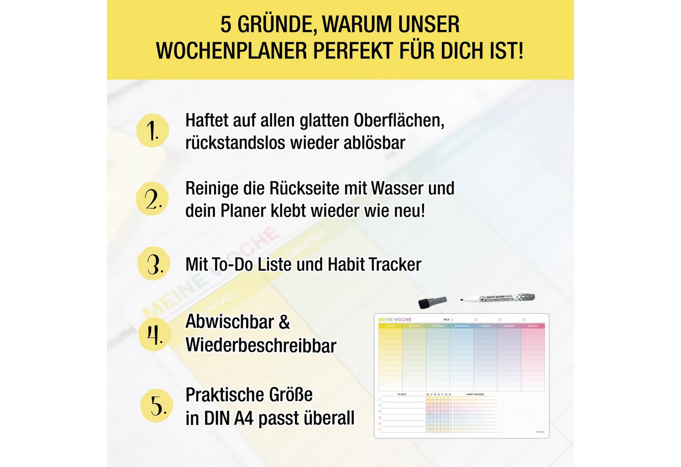 TOBJA Terminplaner Whiteboard Wochenplaner abwischbar A4 – Selbstklebend inkl. Stift, Kalender mit To-Do Liste & Habit Tracker – Bild 2 von 5
