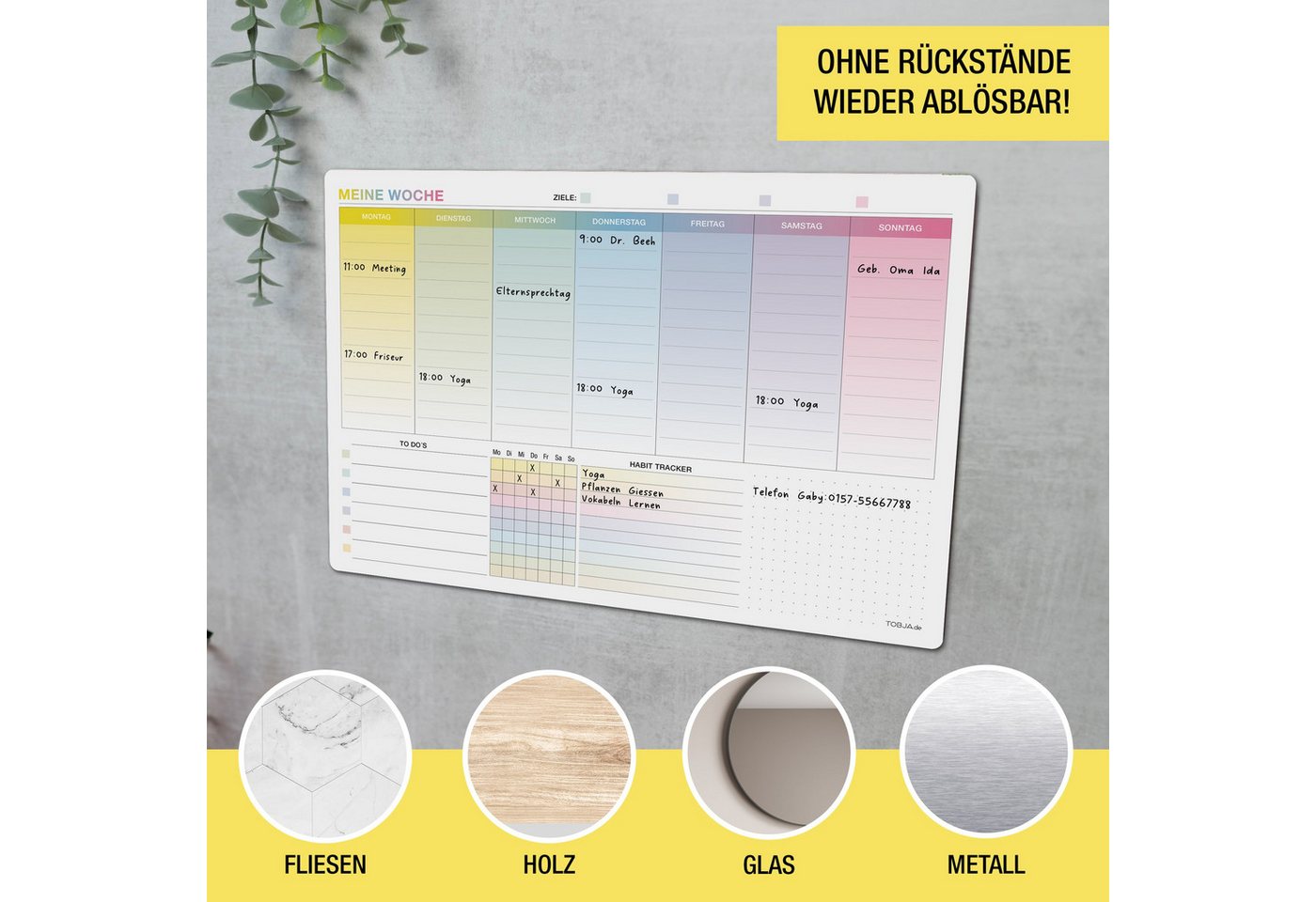 TOBJA Terminplaner Whiteboard Wochenplaner abwischbar A4 – Selbstklebend inkl. Stift, Kalender mit To-Do Liste & Habit Tracker – Bild 4 von 5