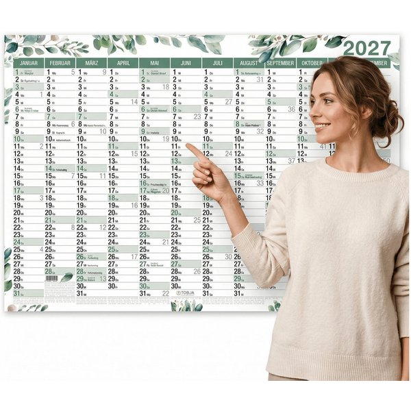 TOBJA Wandkalender Wandkalender 2027 A1 Eukalyptus Design – Großer Wandplaner, Botanical Design, Ferienkalender DE, große Felder