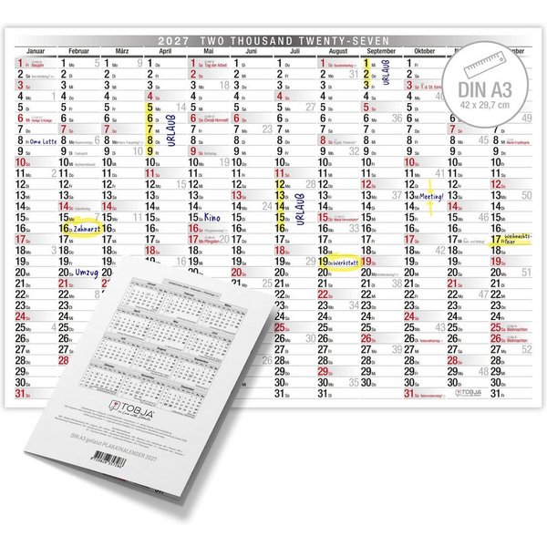 TOBJA Wandkalender Wandkalender 2027 A3 Querformat – Großer Jahresplaner KW, Klassisch schwarz-weiß, KW, FSC-Papier, Rückseite Jahresplanung