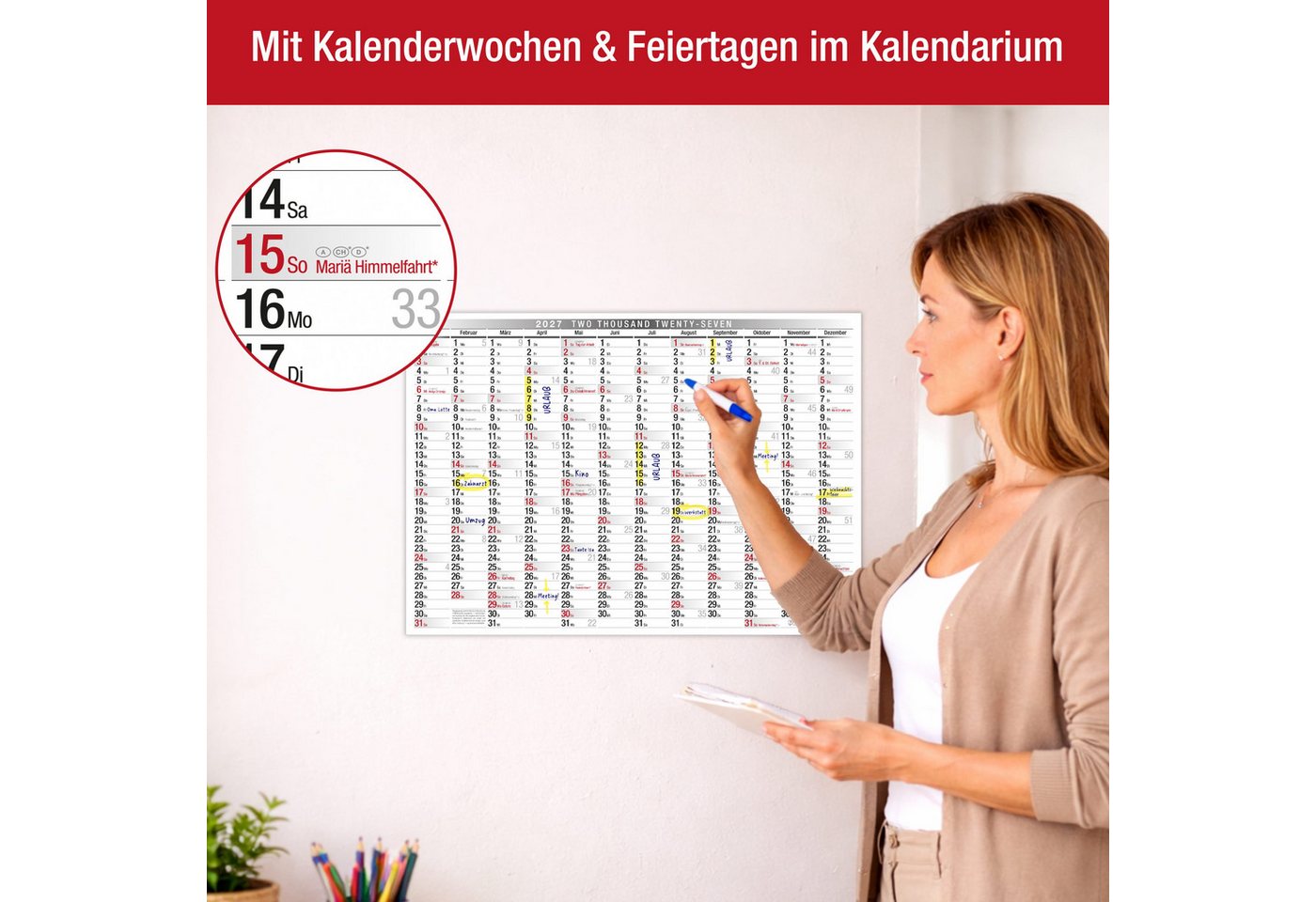 TOBJA Wandkalender Wandkalender 2027 A3 Querformat – Großer Jahresplaner KW, Klassisch schwarz-weiß, KW, FSC-Papier, Rückseite Jahresplanung – Bild 2 von 5