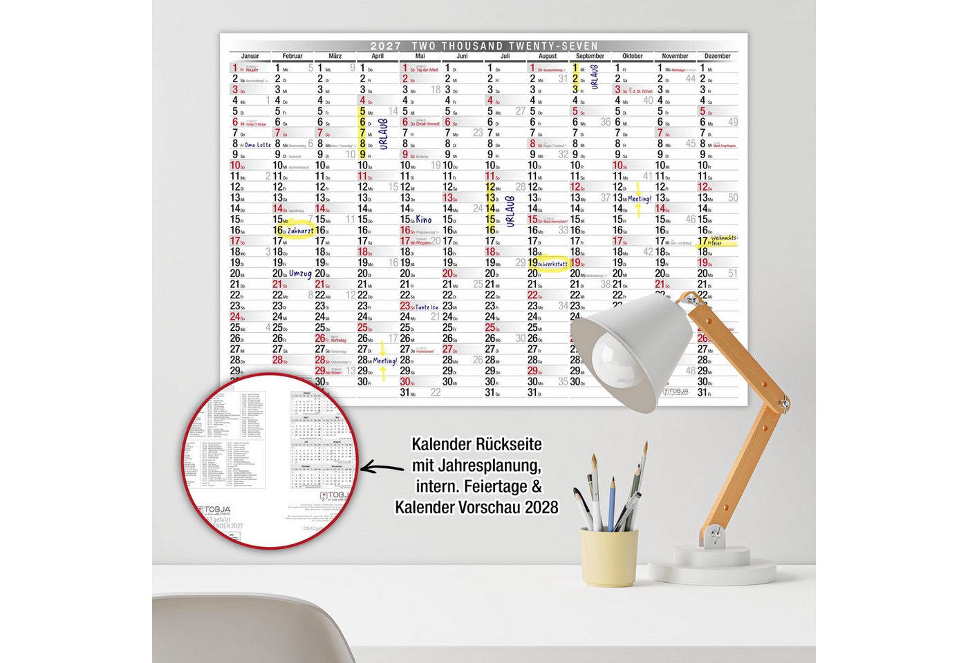 TOBJA Wandkalender Wandkalender 2027 A3 Querformat – Großer Jahresplaner KW, Klassisch schwarz-weiß, KW, FSC-Papier, Rückseite Jahresplanung – Bild 3 von 5