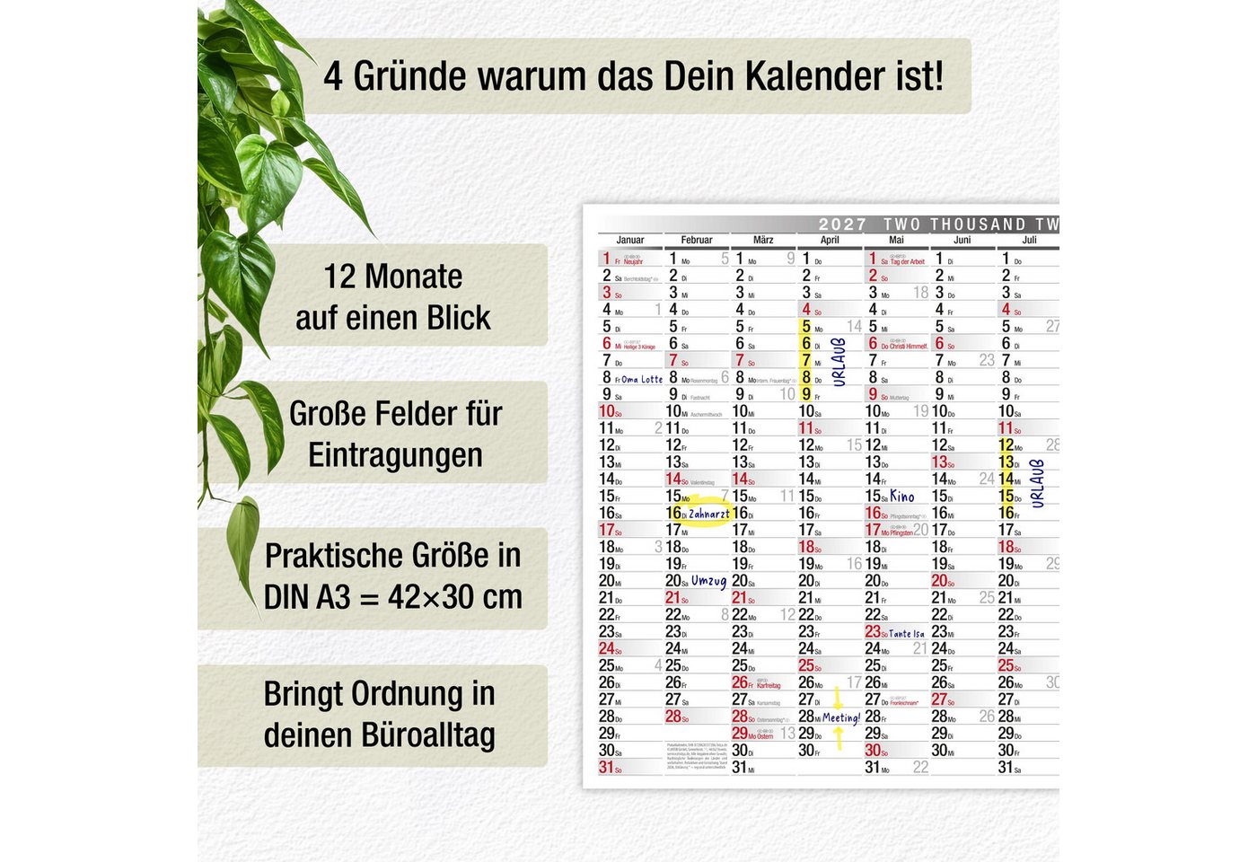 TOBJA Wandkalender Wandkalender 2027 A3 Querformat – Großer Jahresplaner KW, Klassisch schwarz-weiß, KW, FSC-Papier, Rückseite Jahresplanung – Bild 4 von 5