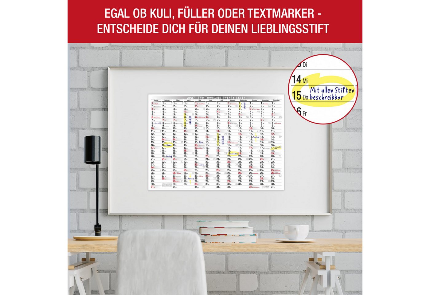 TOBJA Wandkalender Wandkalender 2027 A3 Querformat – Großer Jahresplaner KW, Klassisch schwarz-weiß, KW, FSC-Papier, Rückseite Jahresplanung – Bild 5 von 5