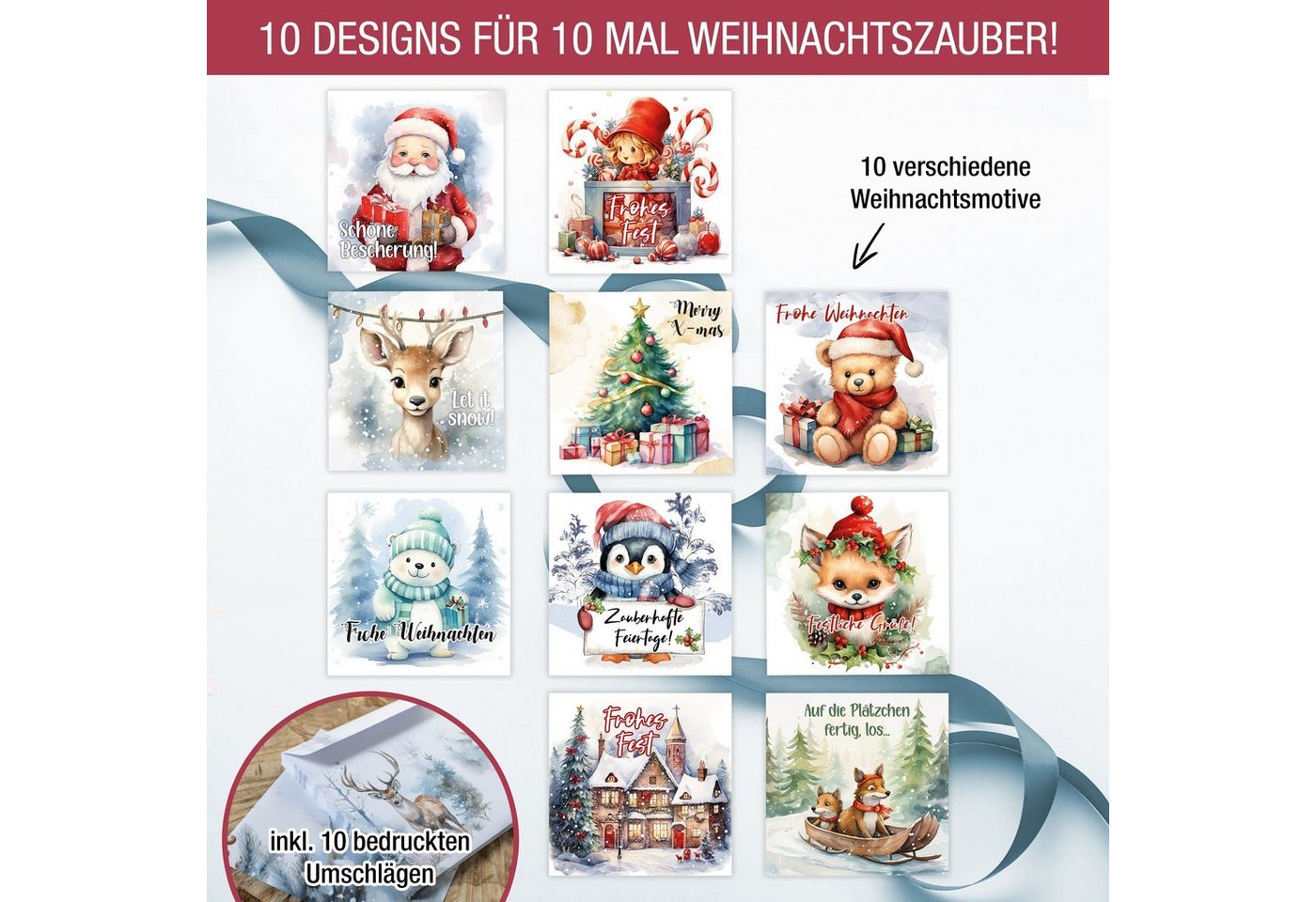 TOBJA Weihnachtskarte Weihnachtskarten XXL mit Umschlag Set, 10x Große Weihnachtskarten Postkarten Geschenkkarten – Bild 3 von 5