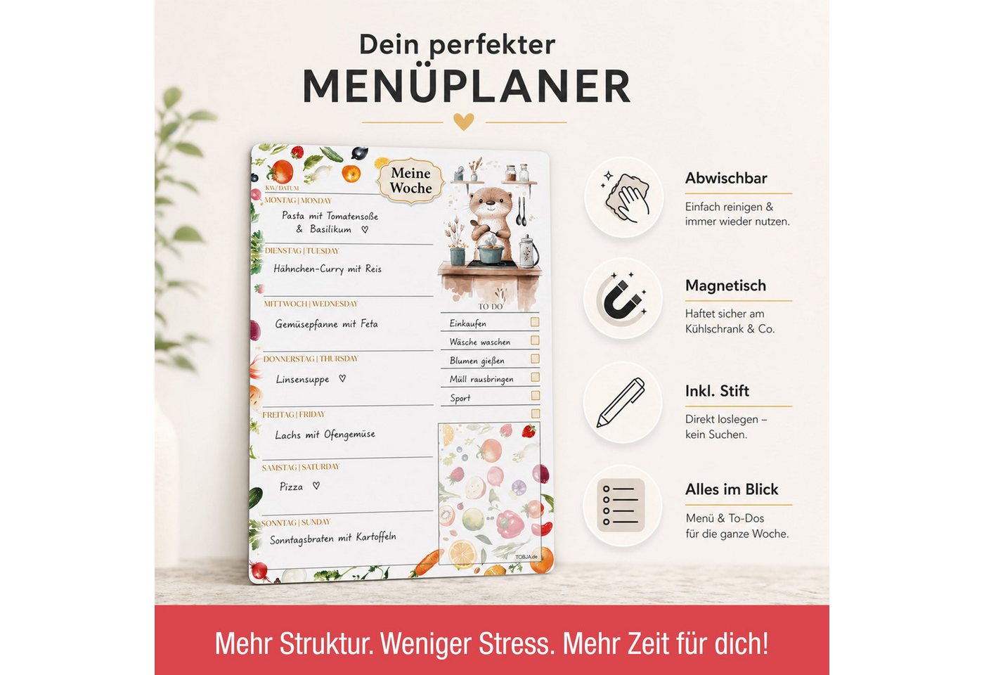 TOBJA Wochenplan Menüplaner Otterliebe magnetisch A4 Wochenplaner für Kühlschrank, Magnetisch, abwischbar, inkl. Stift, Otter-Design, Wochenmenü & To-Do – Bild 2 von 5