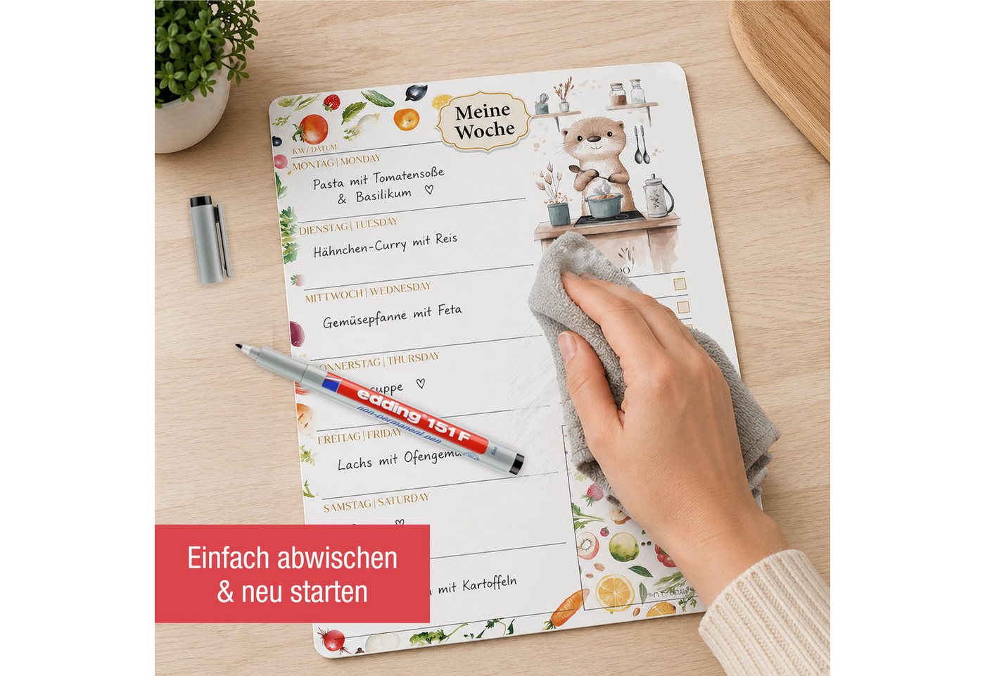 TOBJA Wochenplan Menüplaner Otterliebe magnetisch A4 Wochenplaner für Kühlschrank, Magnetisch, abwischbar, inkl. Stift, Otter-Design, Wochenmenü & To-Do – Bild 3 von 5