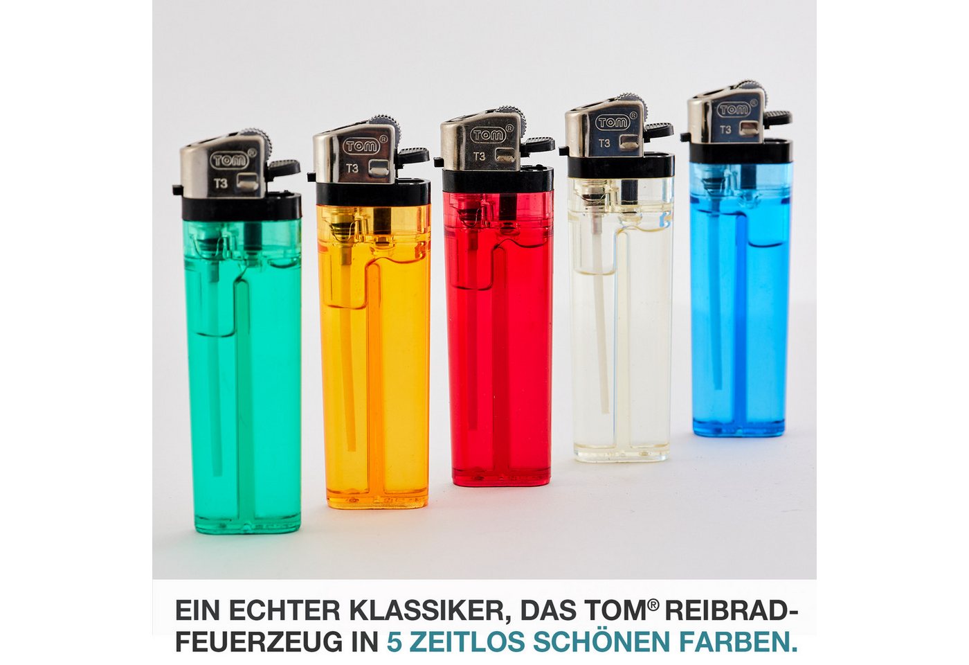 TOM Feuerzeuge Display Set Reibrad (100-St), 5 Farben, Flammeregulierung, Soft Flame – Bild 4 von 5