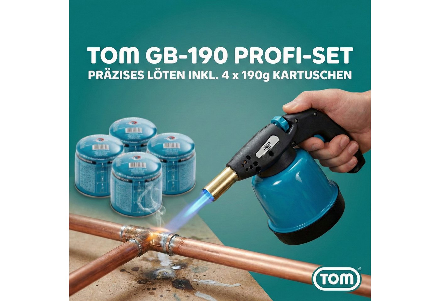 TOM Flambierbrenner Lötbrenner Bunsenbrenner Set optional 4x 190g Gaskartuschen Gasbrenner, (5-tlg), 1300°C, Piezzozündung, 94,5 g/h, 1300W – Bild 2 von 5