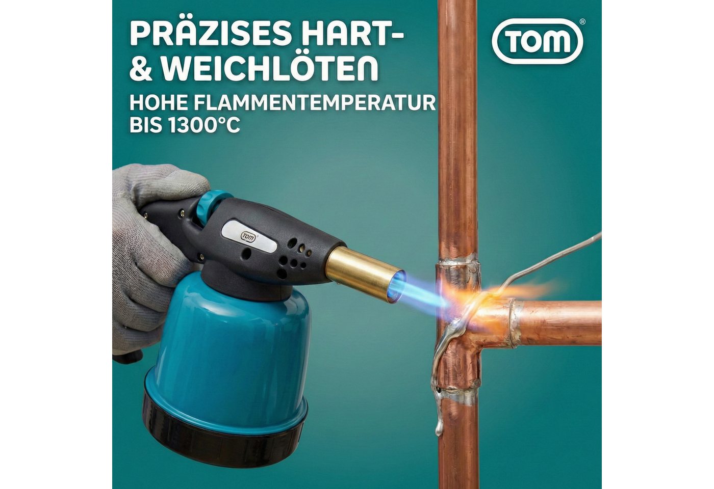TOM Flambierbrenner Lötbrenner Bunsenbrenner Set optional 4x 190g Gaskartuschen Gasbrenner, (5-tlg), 1300°C, Piezzozündung, 94,5 g/h, 1300W – Bild 5 von 5