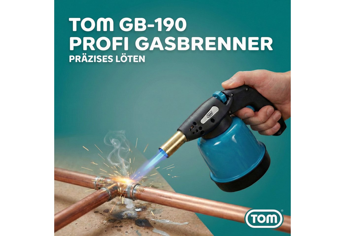 TOM Flambierbrenner Lötbrenner Bunsenbrenner Set optional 4x 190g Gaskartuschen Gasbrenner, (1-tlg), 1300°C, Piezzozündung, 94,5 g/h, 1300W – Bild 2 von 5