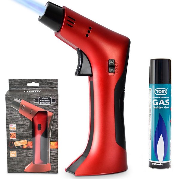 TOM Flambierbrenner Set mit 1 x 100 ml Gaskartusche, 1250°C, Piezozündung, Nachfüllbar