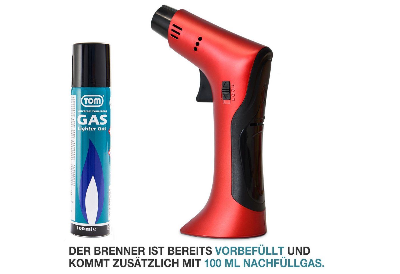 TOM Flambierbrenner Set mit 1 x 100 ml Gaskartusche, 1250°C, Piezozündung, Nachfüllbar – Bild 2 von 5