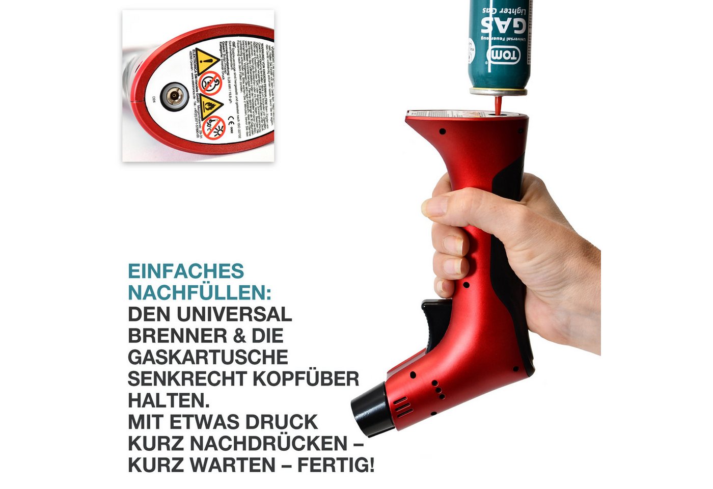 TOM Flambierbrenner Set mit 1 x 100 ml Gaskartusche, 1250°C, Piezozündung, Nachfüllbar – Bild 3 von 5