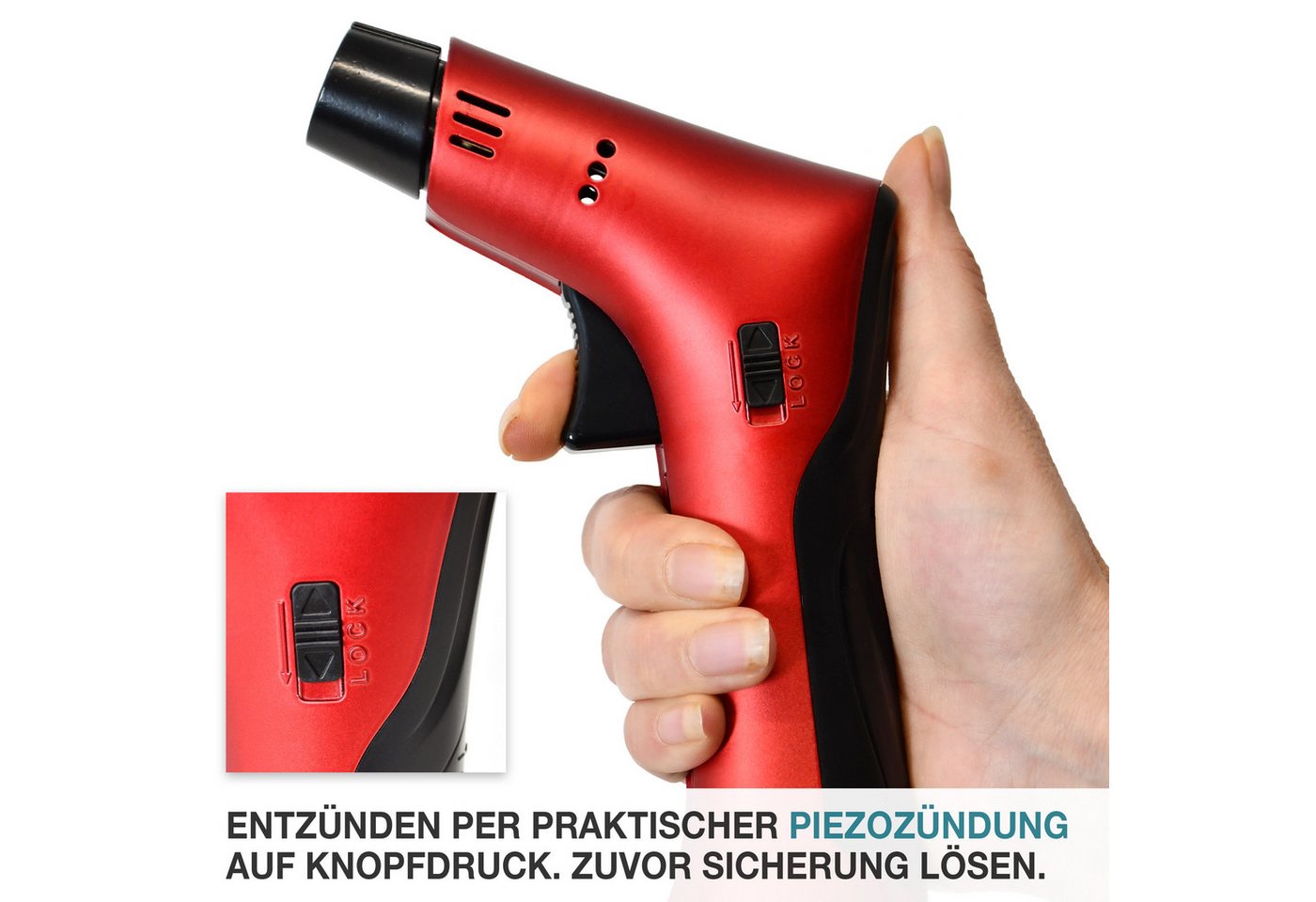 TOM Flambierbrenner Set mit 1 x 100 ml Gaskartusche, 1250°C, Piezozündung, Nachfüllbar – Bild 5 von 5