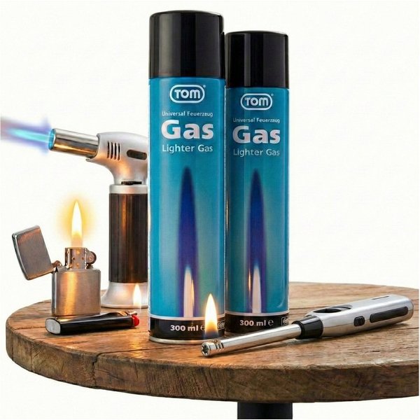 TOM Gas 300ml Feuerzeuggas inklusive Adapter, Reines Butangas, 2er Set