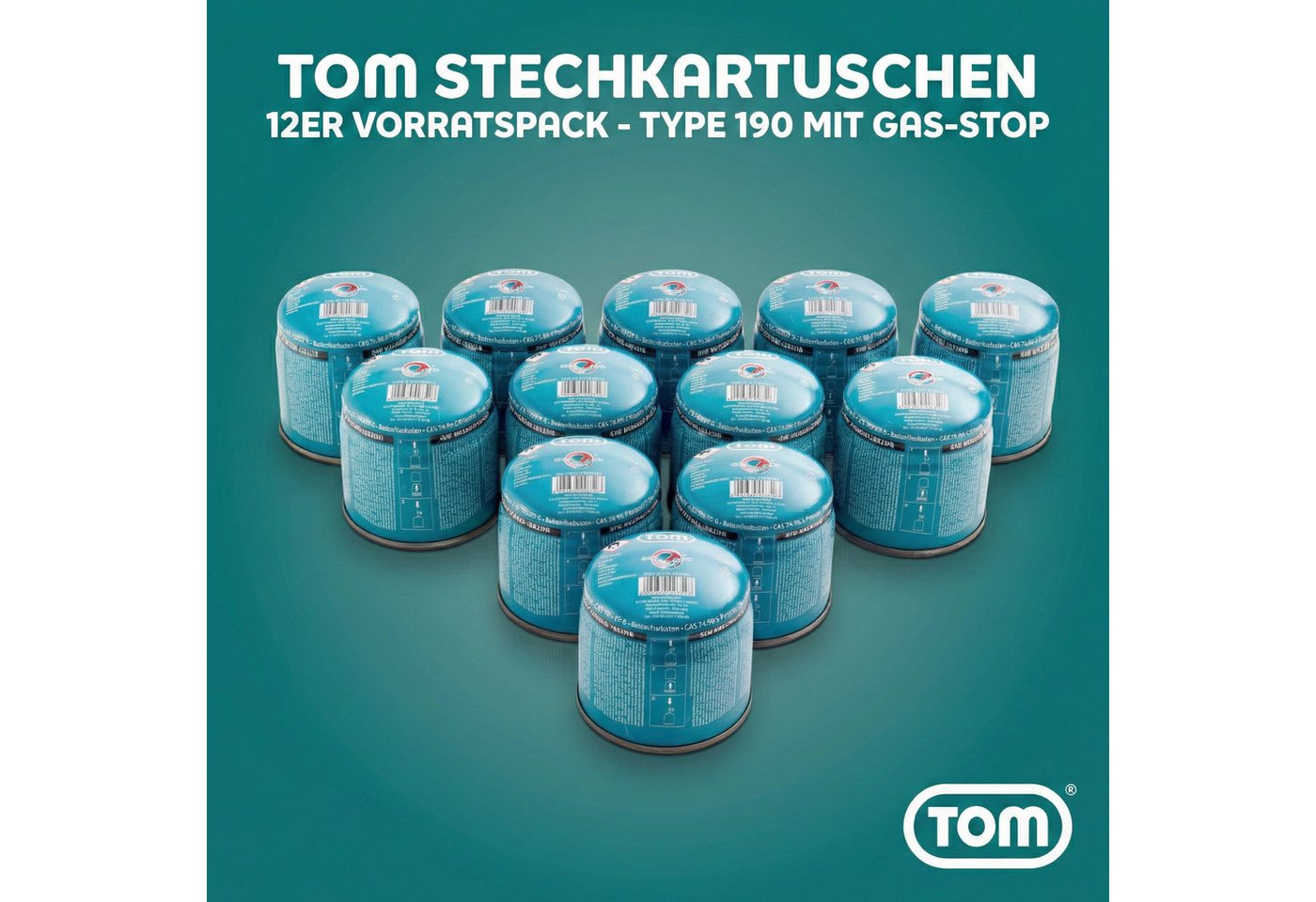 TOM Gaskartusche 190g Stechgaskartuschen Universal Gas, Zubehör für TOM GB-190, 12 St., für Tischkamine, Gasbrenner, Gaskocher, Unkrautbrenner etc. – Bild 2 von 5
