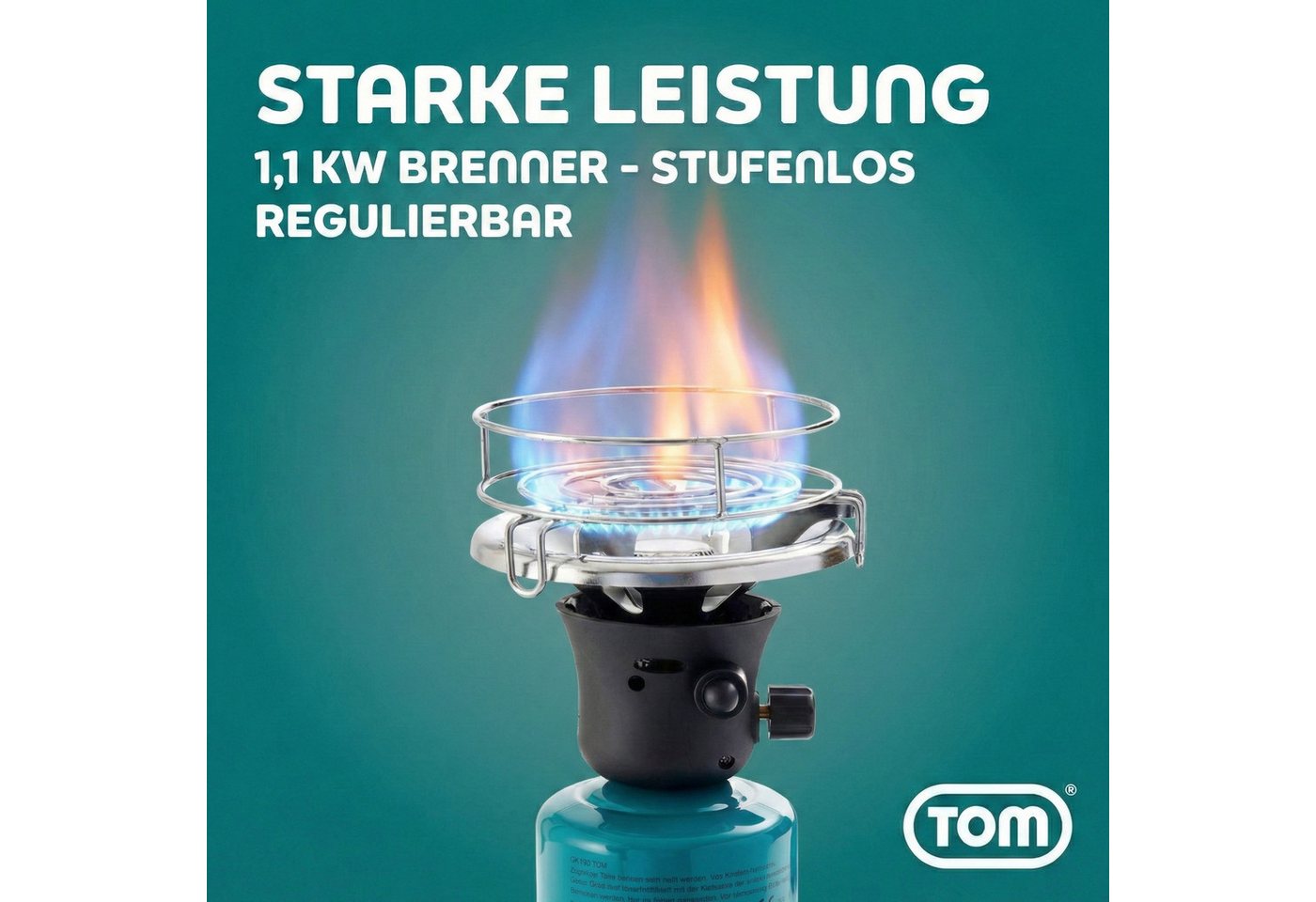 TOM Gaskocher Campingkocher optional mit 4x190g Gas Kartuschen CG-190 Butan Gas, (1-St), 1100W, Piezozündung, Windschutz, Kartuschen Kocher – Bild 3 von 5