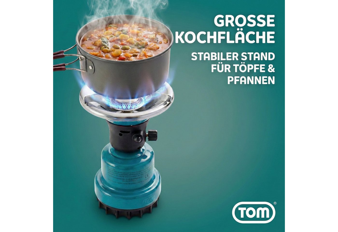 TOM Gaskocher Campingkocher optional mit 4x190g Gas Kartuschen CG-190 Butan Gas, (1-St), 1100W, Piezozündung, Windschutz, Kartuschen Kocher – Bild 5 von 5