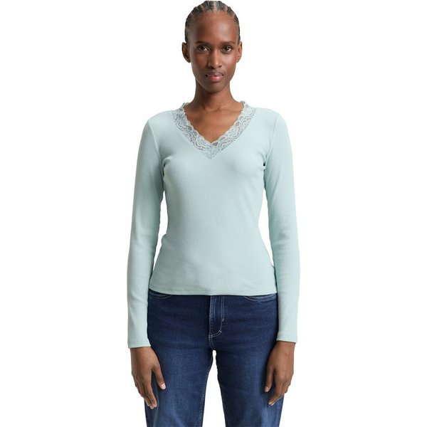 TOM TAILOR Denim Langarmshirt V-Ausschnitt mit Spitze