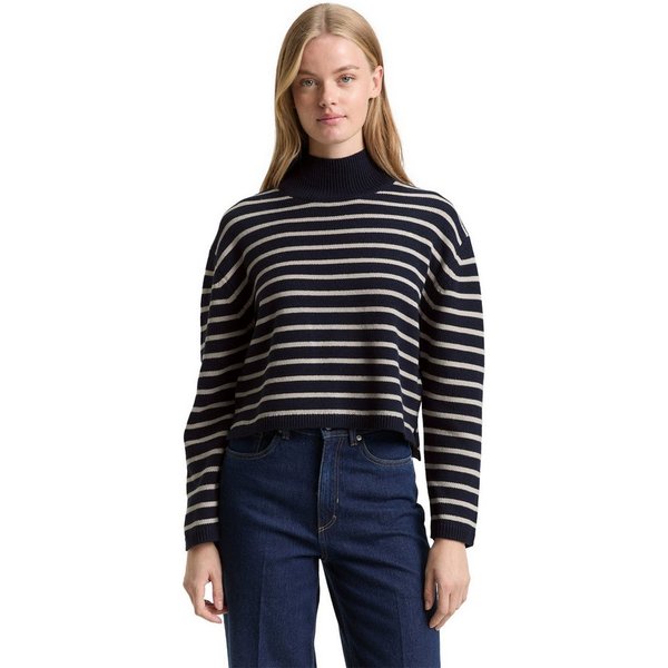 TOM TAILOR Denim Strickpullover im Streifen-Design und mit Stehkragen