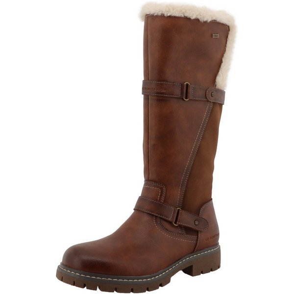 TOM TAILOR Winterstiefel Blockabsatz, Langschaftstiefel mit Fellimitat und Zierschnallen
