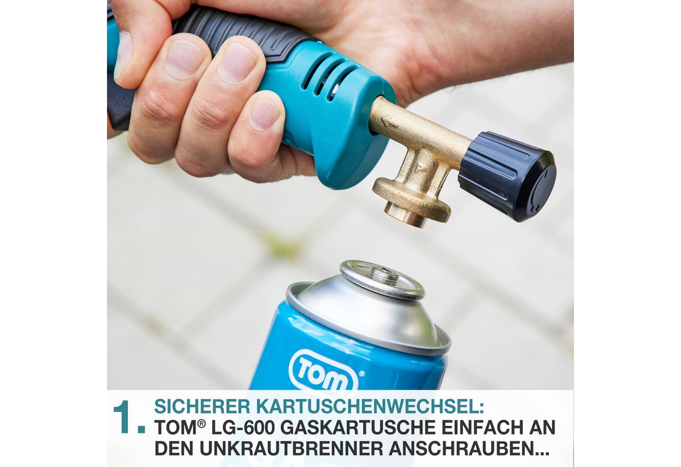 TOM Unkrautbrenner UB-200 mit 4x 330g Gaskartuschen, 1000 °C maximal, Piezozündung, Flammenregulierung, Unkrautvernichter, Unkrautentferner – Bild 2 von 5