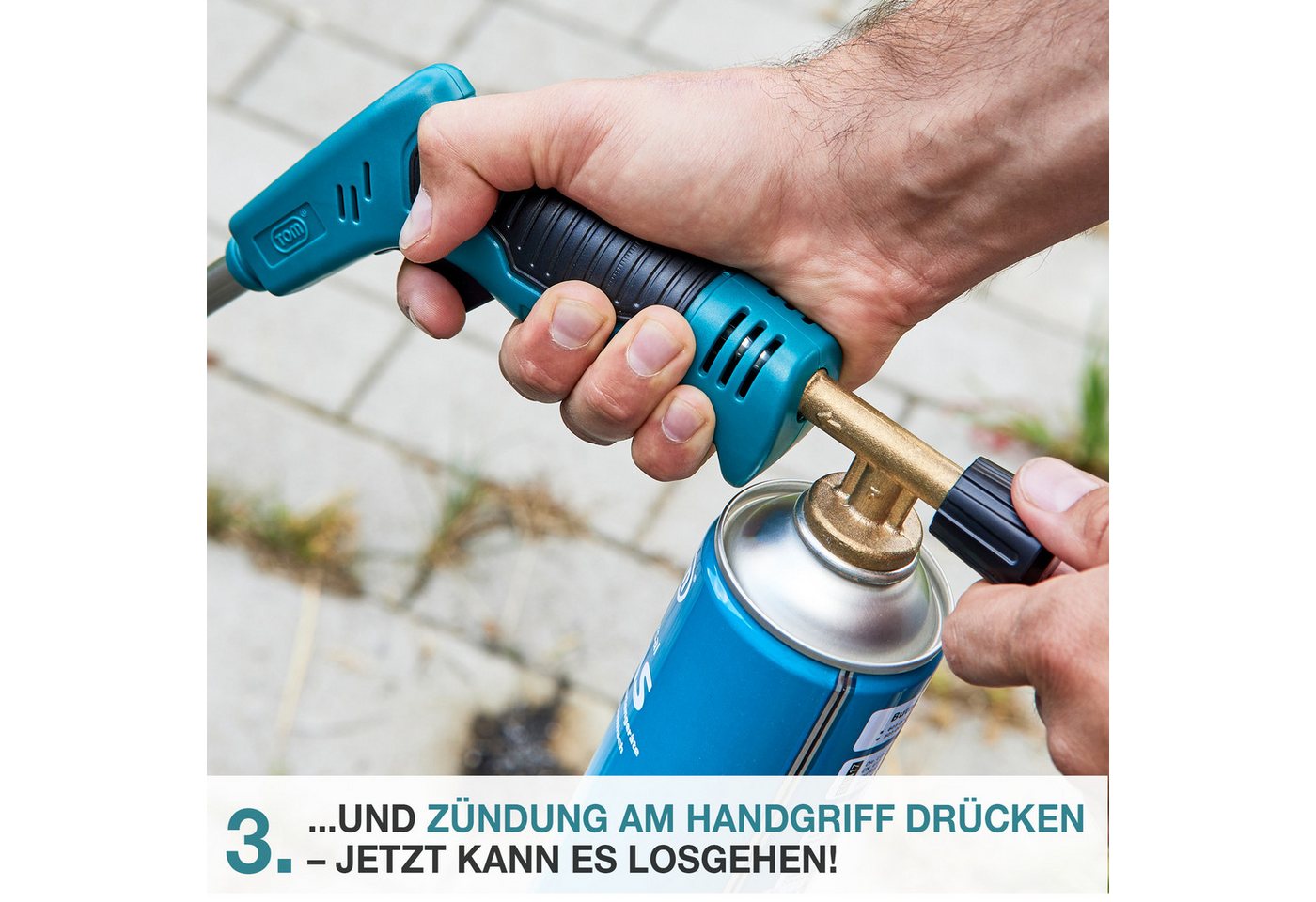 TOM Unkrautbrenner UB-200 mit 4x 330g Gaskartuschen, 1000 °C maximal, Piezozündung, Flammenregulierung, Unkrautvernichter, Unkrautentferner – Bild 4 von 5