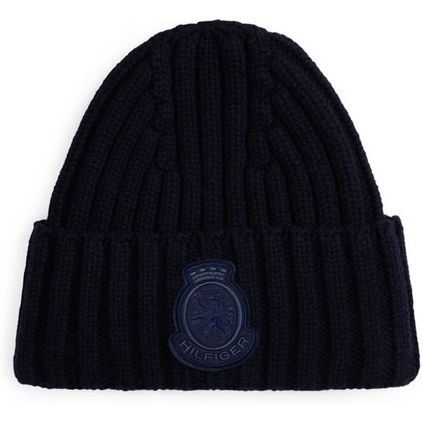 Tommy Hilfiger Beanie TH CREST FLUFFY aus reiner Wolle, TH-Wappen-Patch an Umschlag