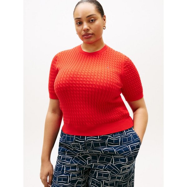 Tommy Hilfiger Curve Rundhalspullover CRV CO CABLE FINE GG CNK S/S SWT in großen Größen, mit Zopfmuster