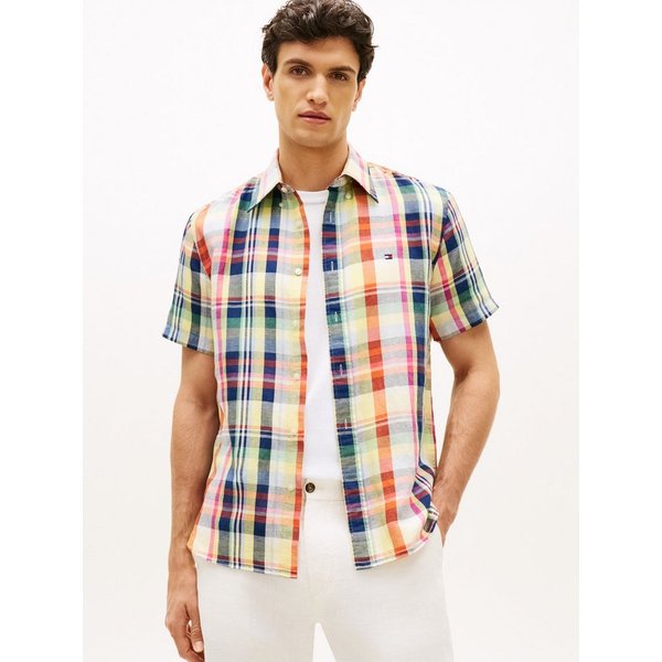 Tommy Hilfiger Kurzarmhemd LINEN BLEND CHECK PLAID regular fit, Button-down-Kragen