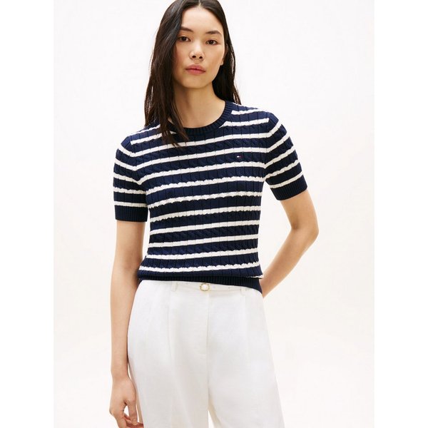 Tommy Hilfiger Kurzarmpullover CO CABLE MID GG SS C-NK SWT Baumwolle, mit Zopfmuster