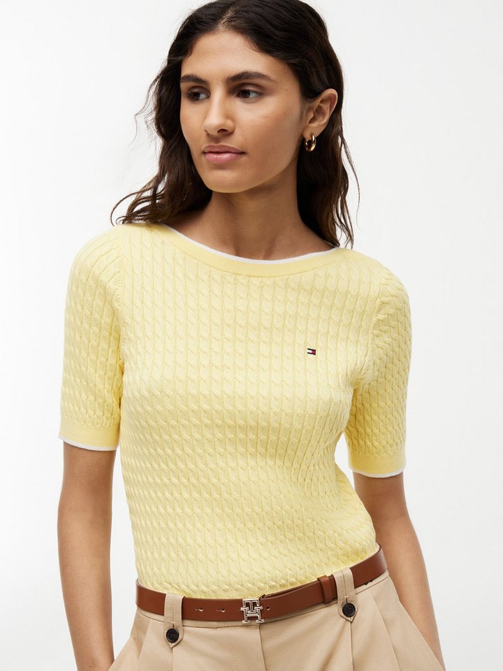 Tommy Hilfiger Kurzarmpullover FINE GG CABLE BOAT NK S/S Baumwolle, mit Zopfstrickmuster – Bild 2 von 5