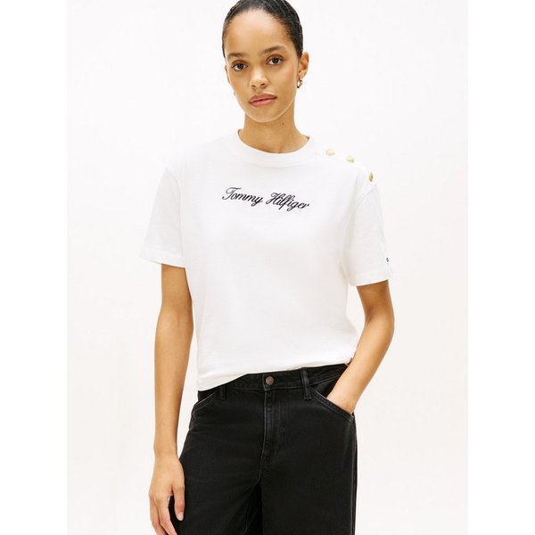 Tommy Hilfiger Kurzarmshirt GOLD BTN SCRIPT MDRN SS TEE mit goldfarbenen Knöpfen