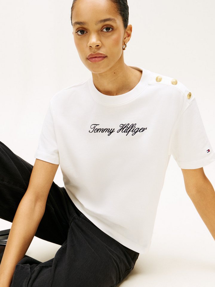 Tommy Hilfiger Kurzarmshirt GOLD BTN SCRIPT MDRN SS TEE mit goldfarbenen Knöpfen – Bild 2 von 5