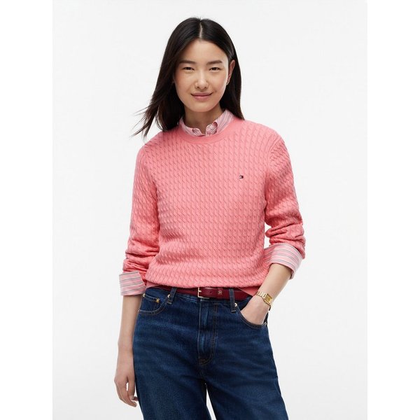 Tommy Hilfiger Rundhalspullover CO CABLE C-NK LS SWEATER Baumwolle, mit Zopfmuster, Regular Fit