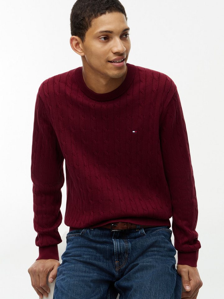 Tommy Hilfiger Strickpullover CLASSIC CABLE CREW NECK mit Strukturstrick und Flaglabel unifarben, casual, regular fit, Baumwolle, Rundhals – Bild 2 von 5