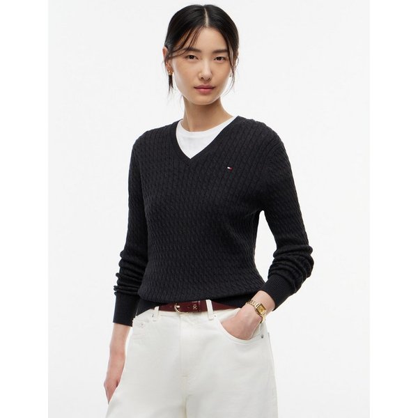 Tommy Hilfiger Strickpullover CO CABLE FINE GG V-NK LS SWT Baumwolle, mit Zopfmuster
