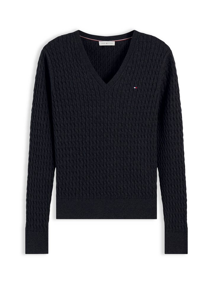 Tommy Hilfiger Strickpullover CO CABLE FINE GG V-NK LS SWT Baumwolle, mit Zopfmuster – Bild 4 von 5