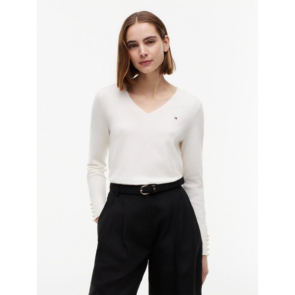 Tommy Hilfiger Strickpullover STITCH V-NECK mit Knopfdetail am Ärmel, Regular Fit