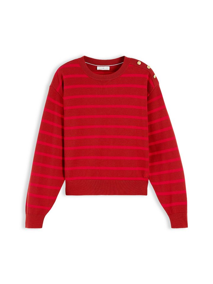 Tommy Hilfiger Strickpullover STRIPED SCRIPT LOGO SWEATER LS Baumwolle, goldfarbene Zierknöpfe – Bild 5 von 5