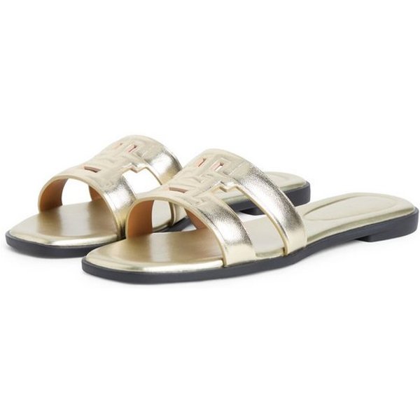 Tommy Hilfiger TH LOGO STRAP MULE GOLD Pantolette Sommerschuh, Schlüpfschuh, Flat mit Logo als Bandage
